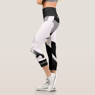 Black and White Abstract Personalised Name Capri Leggings