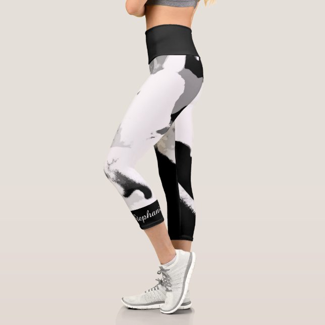 Black and White Abstract Personalised Name Capri Leggings (Left)