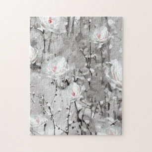Black and White Abstract Snowy Flower Jigsaw Puzzle