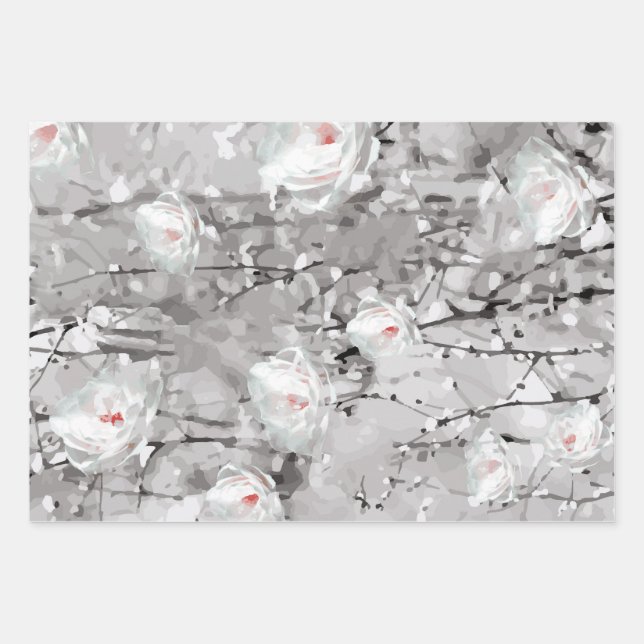 Black and White Abstract Snowy Flower Wrapping Paper Sheet (Front)