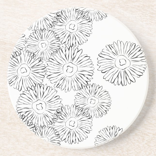 Black and white abstract spring flowers coaster (Front)