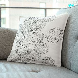 Black and white abstract spring flowers cushion