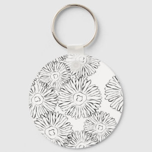 Black and white abstract spring flowers key ring