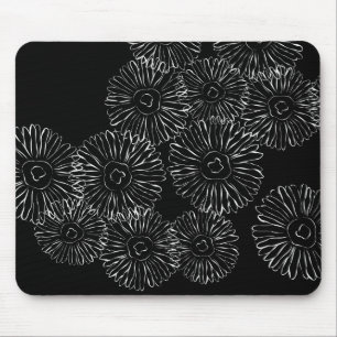 Black and white abstract spring flowers mouse mat