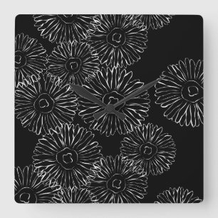 Black and white abstract spring flowers square wall clock
