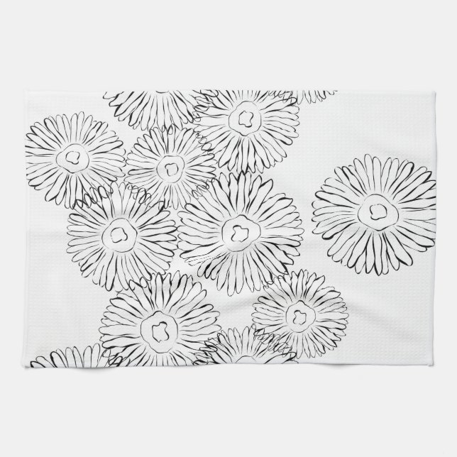 Black and white abstract spring flowers tea towel (Horizontal)