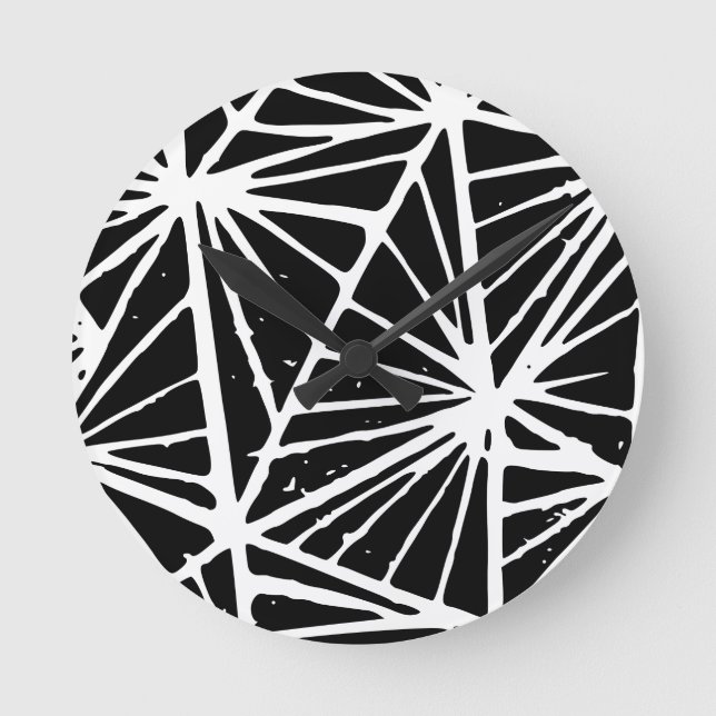 Black and White Abstract Triangles Lino Cut Round Clock (Front)