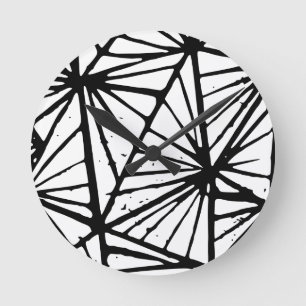 Black and White Abstract Triangles Lino Cut Round Clock