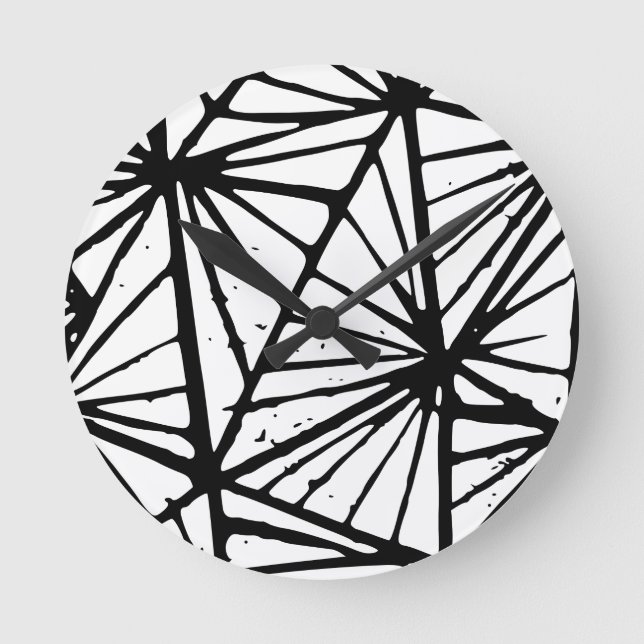 Black and White Abstract Triangles Lino Cut Round Clock (Front)