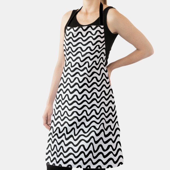 Black and White Abstract Wavy Stripe Pattern Apron (Insitu)