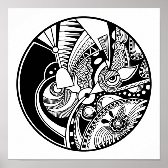 Black And White Abstract Zendala On Circle 2 Poster (Front)