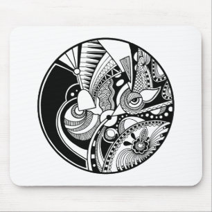 Black And White Abstract Zendala On Circle Mouse Mat