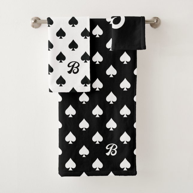 Black and White Ace of Spades Pattern Monogram Bath Towel Set (Insitu)