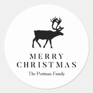 Black and White Add Name Christmas Reindeer Classic Round Sticker