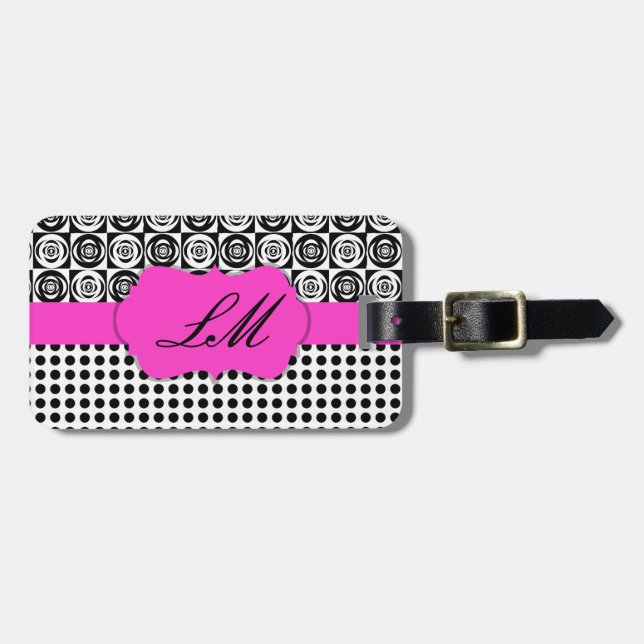 Black and White Add Your Monogram Luggage Tag (Front Horizontal)