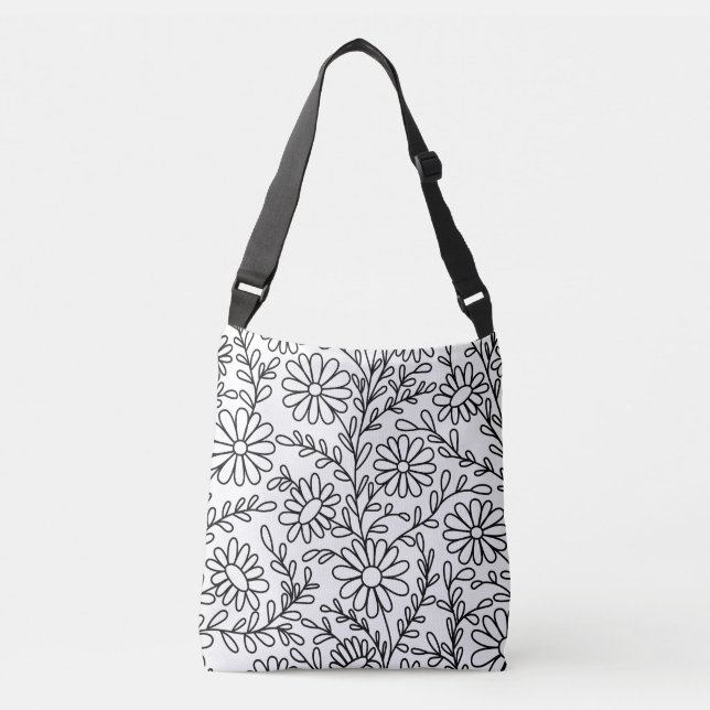 Black and White Adult Colouring Floral Flowers Crossbody Bag (Front)