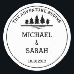 Black and white adventure wedding sticker<br><div class="desc">A simple black and white wedding sticker. The design features a simple message saying "the adventure begins" at the top with a simple illustration of a forest. Below, you can customise the design with your names or "Mr & Mrs" or a short message of thanks, with the date of your...</div>