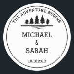 Black and white adventure wedding sticker<br><div class="desc">A simple black and white wedding sticker. The design features a simple message saying "the adventure begins" at the top with a simple illustration of a forest. Below, you can customise the design with your names or "Mr & Mrs" or a short message of thanks, with the date of your...</div>