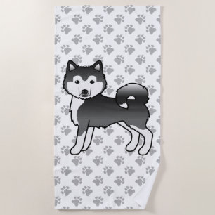 Black And White Alaskan Malamute Cute Cartoon Dog Beach Towel