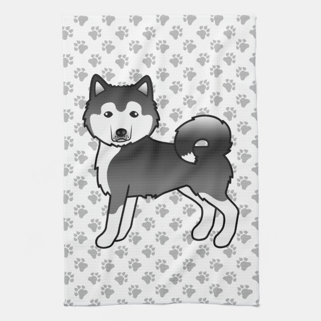 Black And White Alaskan Malamute Cute Cartoon Dog Tea Towel (Vertical)