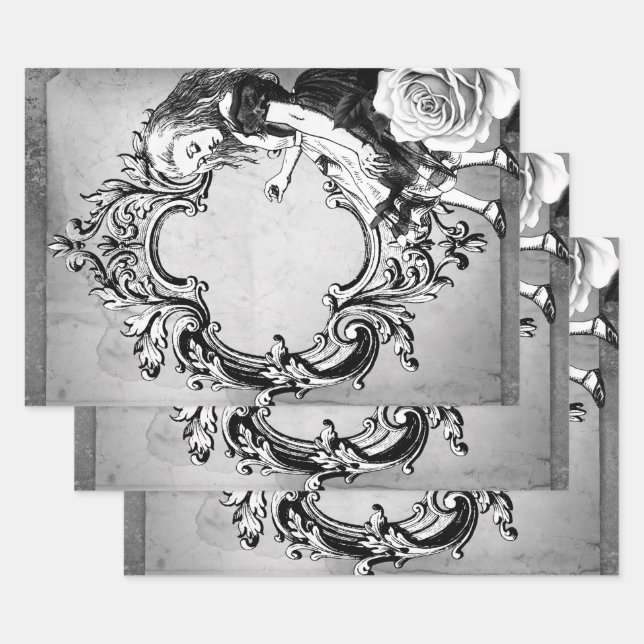 Black and White Alice in Wonderland Ornate Frame Wrapping Paper Sheet (Set)