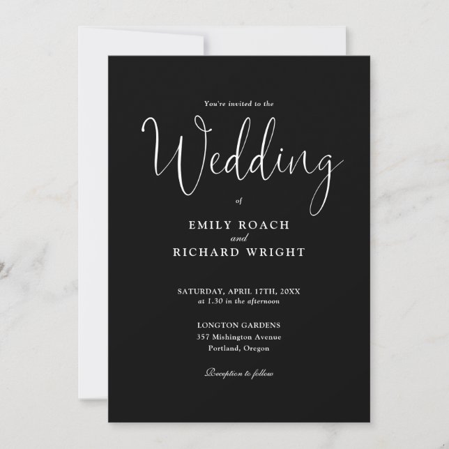 Black And White All In One Elegant Script Wedding Invitation (Front)