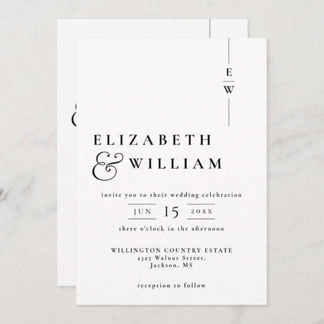 Black And White All In One Modern Monogram Wedding Invitation (Front/Back)