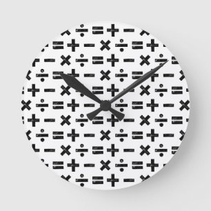 Black and White All Math Symbols Lino Cut Round Clock