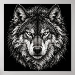 Black and White Alpha Wolf Head Sketch Art Poster