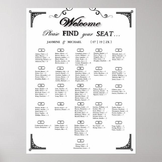 Black and White Alphabetical Wedding Seating Chart (Front)