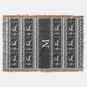 Black and White Alpine Pattern Reindeer - Monogram Throw Blanket