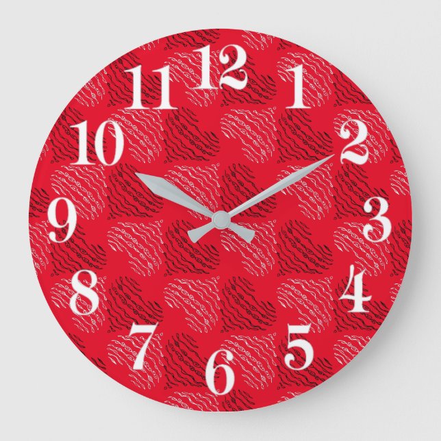 Black and White Alternating Heart Lines on Red Large Clock (Front)