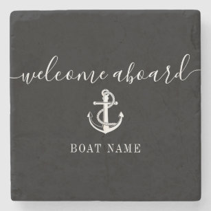 Black And White Anchor Boat Name Welcome Aboard Stone Coaster
