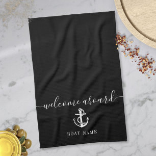 Black And White Anchor Boat Name Welcome Aboard Tea Towel
