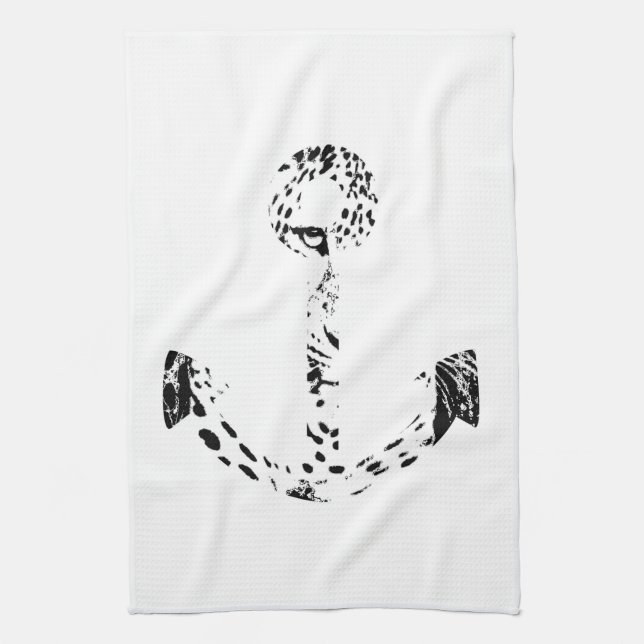 Black and White Anchor Leopard Eye Overlay Tea Towel (Vertical)