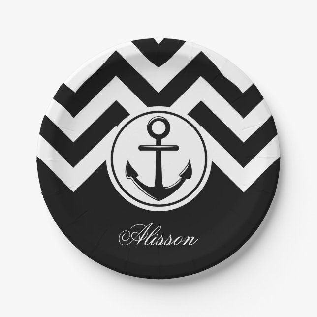 Black and White Anchor Pattern Paper Plate (Front)