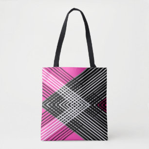 Black and white and grey intertwined stripes on a tote bag