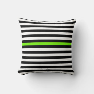 Black and White and Neon Green Narrow Stripes   Cushion