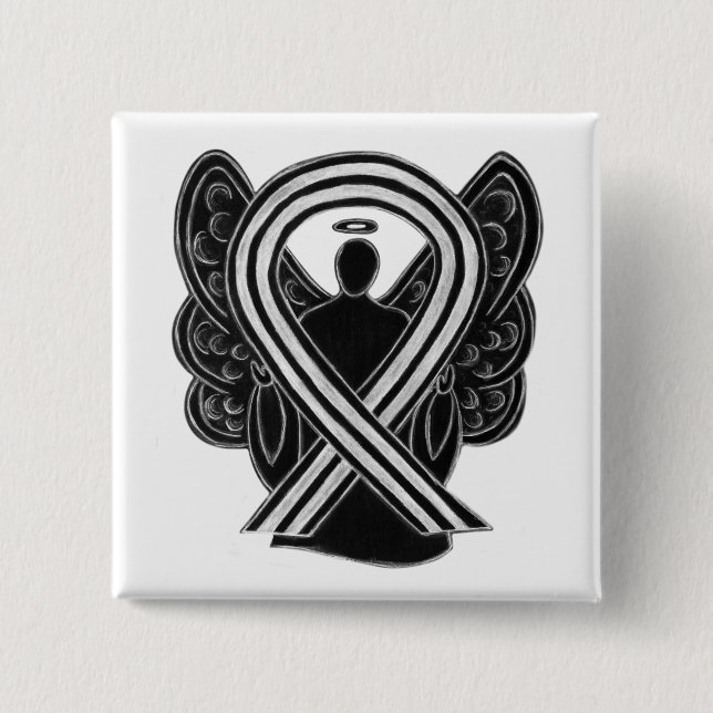 Black and White Angel Awareness Ribbon Custom Pin (Front)