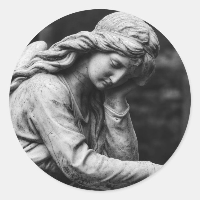 Black and white angel statue in a cemetery classic round sticker (Front)