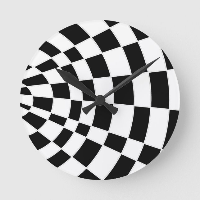 Black and White Angled Chequerboard Round Clock (Front)