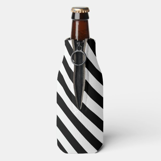 Black and White Angled Stripes Bottle Cooler (Bottle Back)