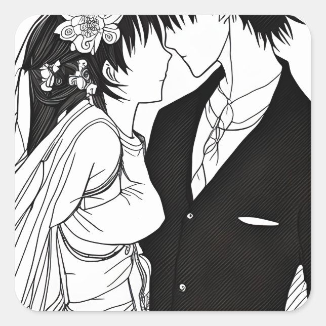 Black and White Anime Bride and Groom Wedding Square Sticker (Front)