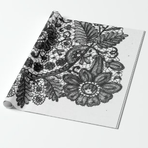 BLACK AND WHITE ANTIQUE LACE PATTERN GIFT WRAPPING PAPER