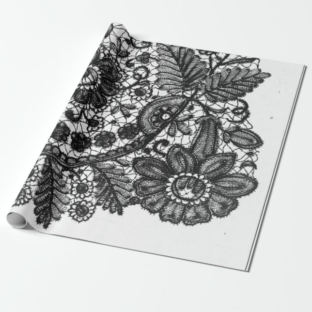 BLACK AND WHITE ANTIQUE LACE PATTERN GIFT WRAPPING WRAPPING PAPER (Unrolled)