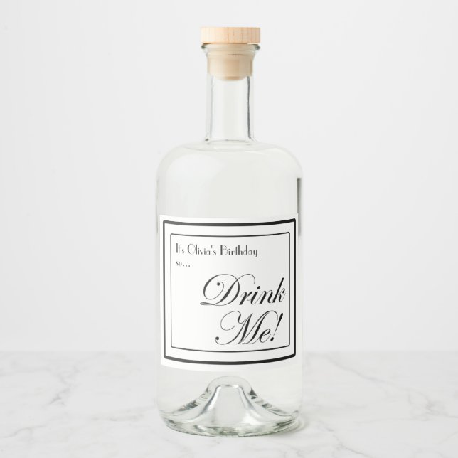 Black and White Apothecary Style Drink Me! Liquor Bottle Label (Front)