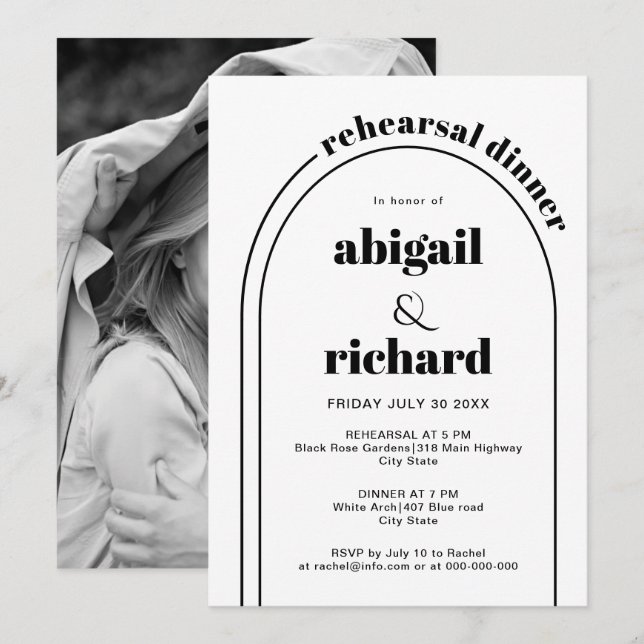 Black and white arch wedding rehearsal dinner invitation (Front/Back)