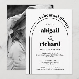 Black and white arch wedding rehearsal dinner invitation