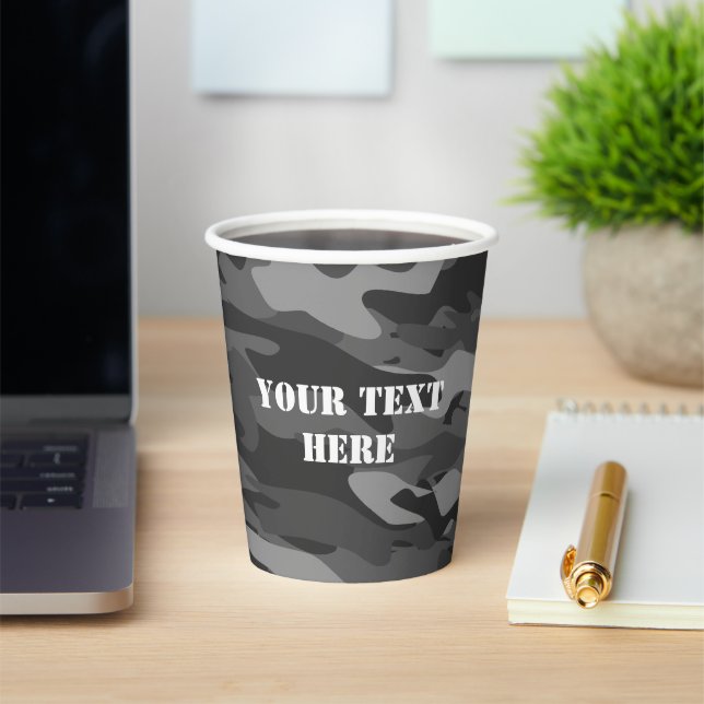 Black and white army camo camouflage print custom paper cups (Insitu)