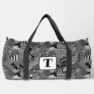 Black and white art collage of different pattern 4 duffle bag